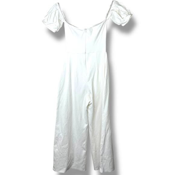 Lulus NWOT Impress Release White Off-The-Shoulder Puff Sleeve Ponte Jumpsuit XS - Picture 7 of 10